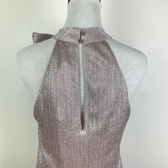 Parker | NWT Blush Pink Silver Metallic Tie Neck A-line Sleeveless Blouse - Picture 6 of 10